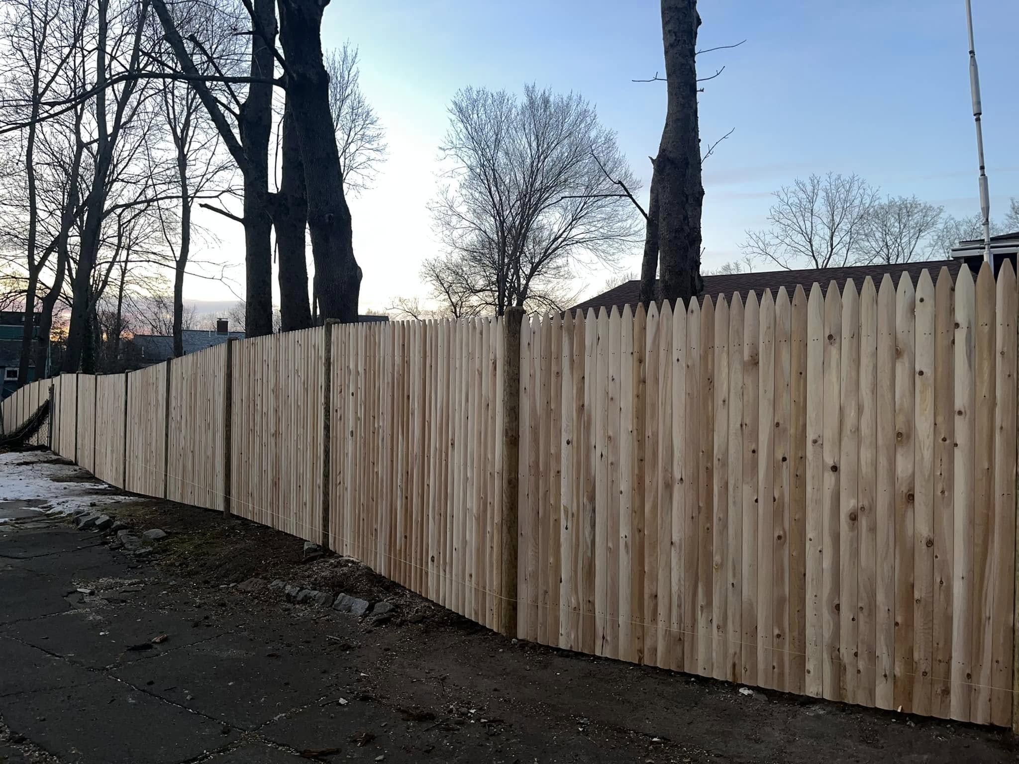 Tree care and landscaping maintenance around residential wooden fence to protect property and improve outdoor safety