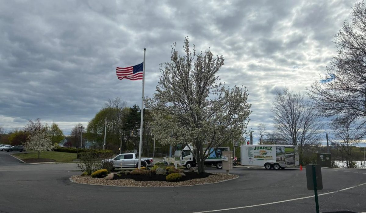 Commercial landscape bed maintenance by Juarez Landscaping and Tree Services around a landscaped property entrance