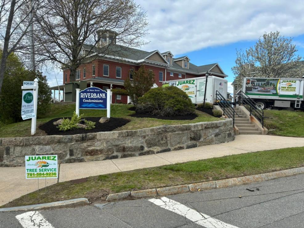 Commercial property landscape maintenance by Juarez Landscaping and Tree Services with landscaped beds and retaining wall